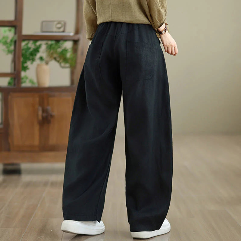 Buddha Stones Casual Plain Cotton Women's Wide Leg Pants With Pockets