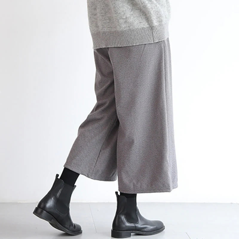 Buddha Stones Plain Elastic Waistband Design Women's 7-8 Length Wide Leg Pants With Pockets