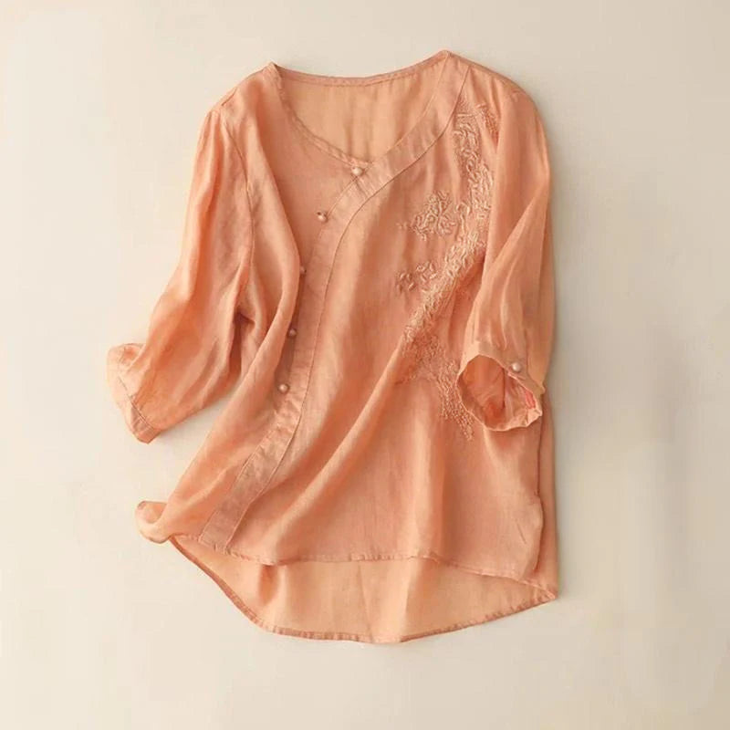 Buddha Stones Casual Loose Flower Embroidery Frog Button Short Sleeve Women's Shirt