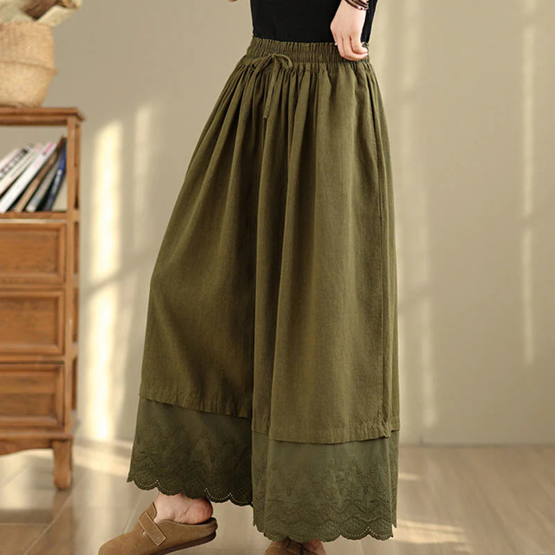 Buddha Stones Spring Embroidery Lace Hem Patchwork Drawstring Design Women's Wide Leg Cotton Pants With Pockets