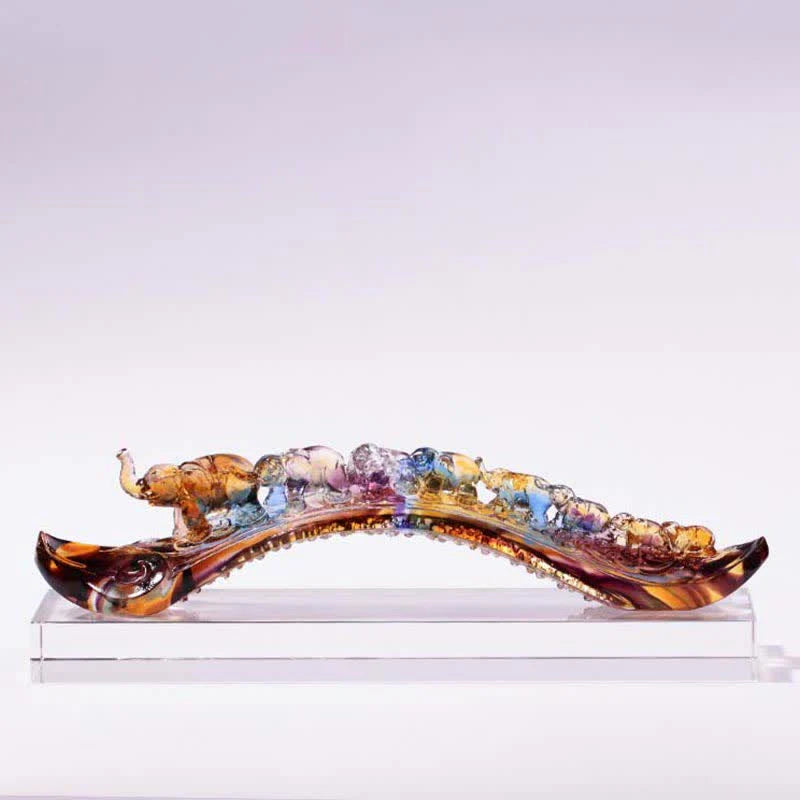 Buddha Stones Handmade Liuli Crystal Ruyi Elephant Art Piece Home Decoration With Crystal Base