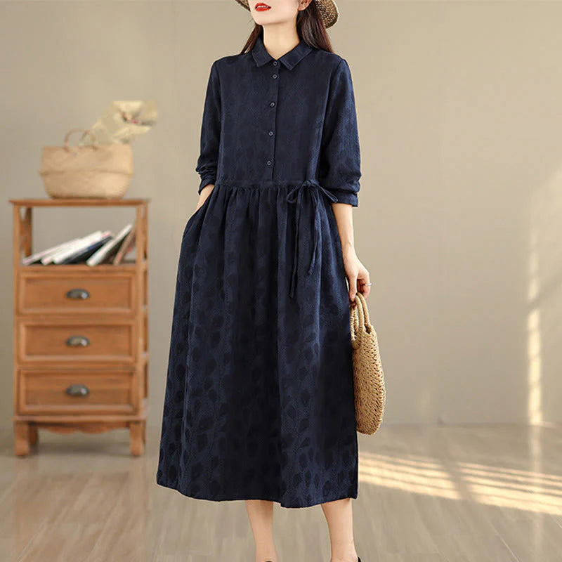 Buddha Stones Leaf Pattern Stand Collar Long Sleeve Cotton Midi Dress With Pockets