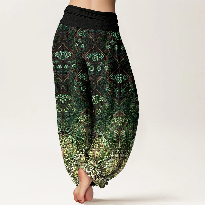 Buddha Stones Pure Cotton Retro Flower Pattern Women's Elastic Waist Harem Pants
