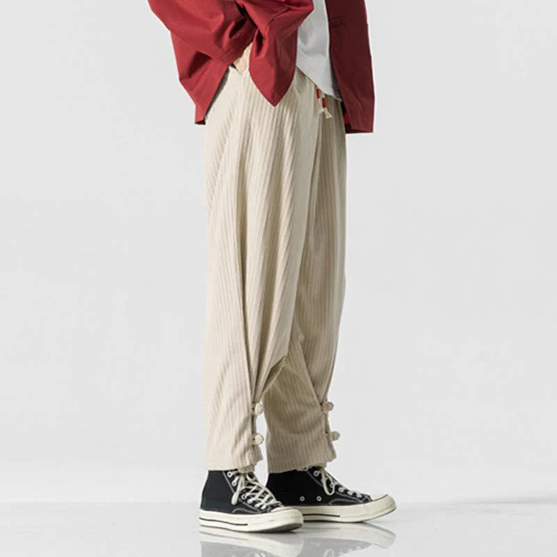 Buddha Stones Fall Winter Men's Pure Color Button Design Cotton Straight Leg Pants With Pockets