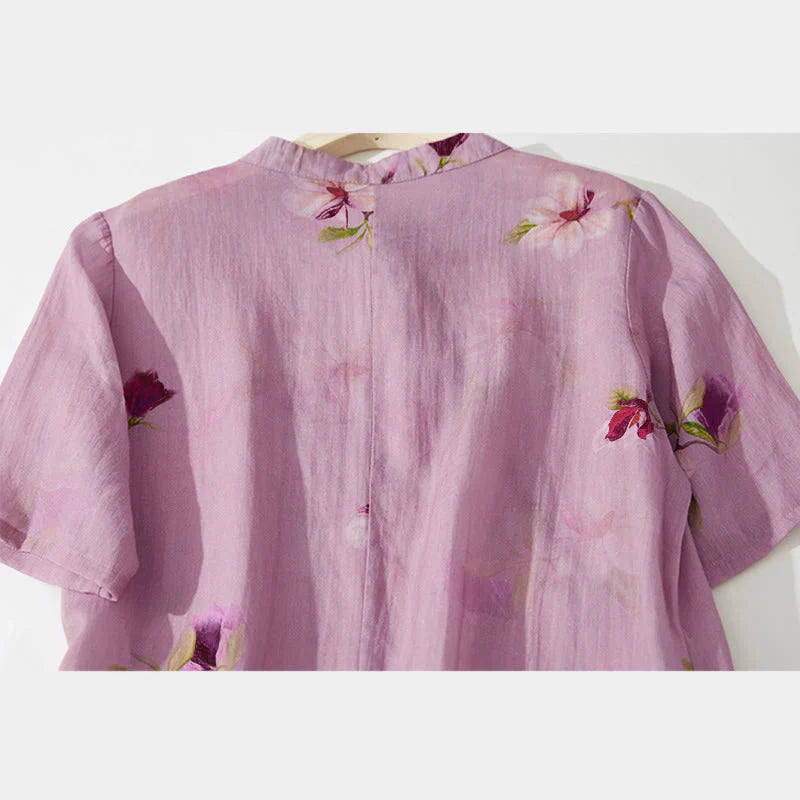Buddha Stones Summer Orchid Floral Stand Collar Design Short Sleeve Midi Dress With Pockets