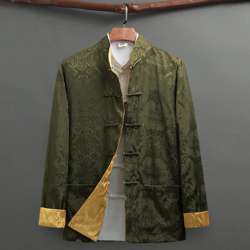 Buddha Stones Men's Frog-Button Tang Suit Koi Fish Pattern Long Sleeve Jacket Shirt With Pockets