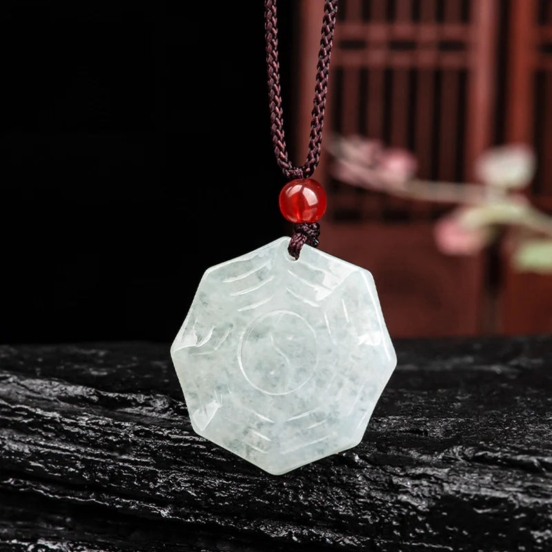 Buddha Stones Natural Jade Bagua Yin Yang Luck Necklace Pendant