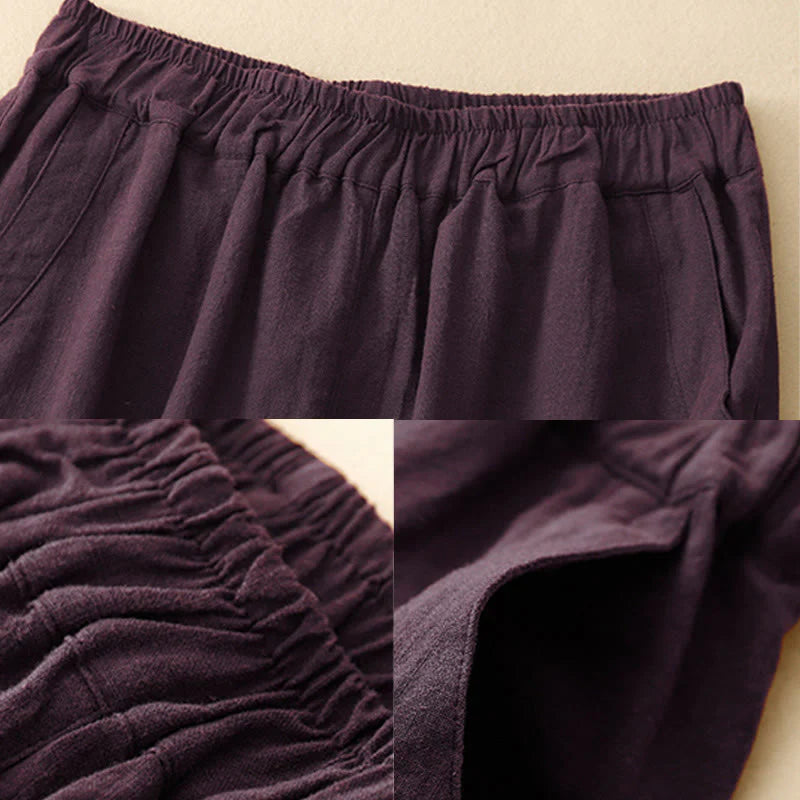 Buddha Stones Commute Casual Pure Color Women's Wide Leg Cotton Cropped Pants With Pockets