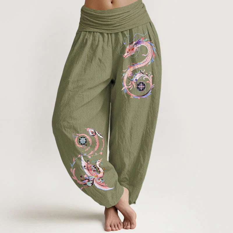 Buddha Stones Cotton Flying Dragon Phoenix Pattern Women's Elastic Waist Harem Pants