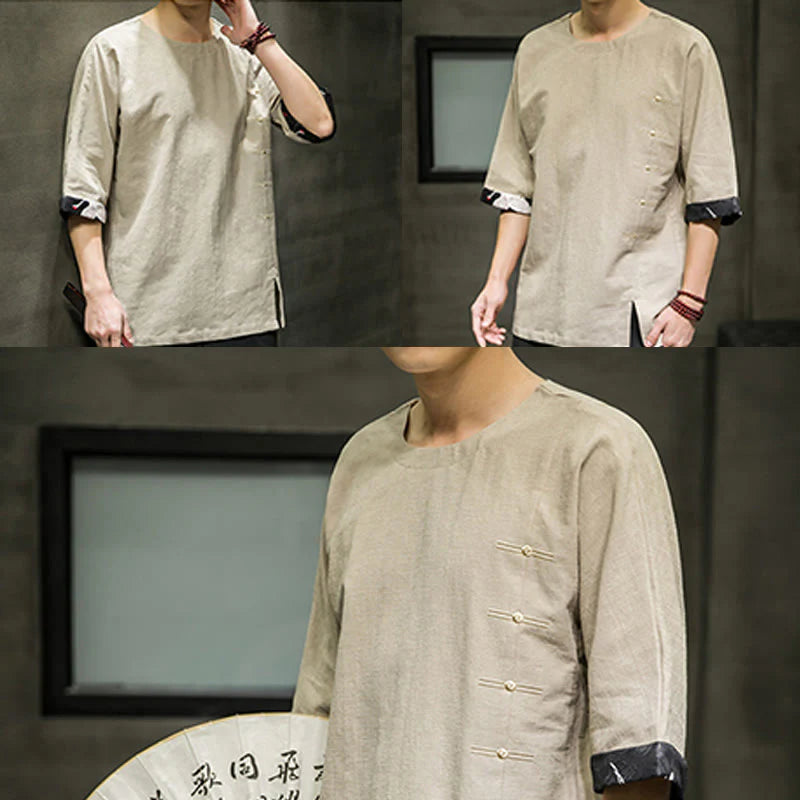 Buddha Stones Summer Retro Solid Color Patchwork Design Men's Three Quarter Sleeve Cotton Linen T-Shirt