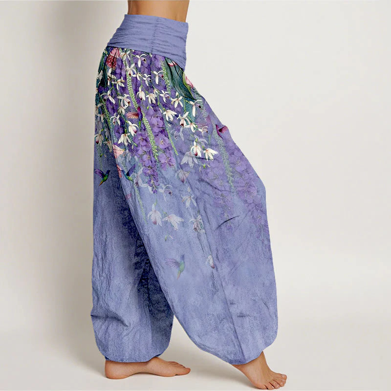 Buddha Stones Pure Cotton Orchid Birds Pattern Women's Elastic Waist Harem Pants