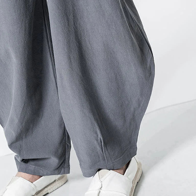 Buddha Stones Drawstring Elastic Waist Ankle-Length Men's Cotton Pants With Pockets