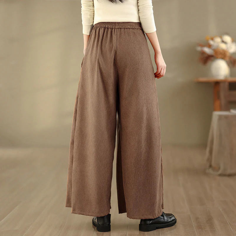 Buddha Stones Spring Plain Brown Corduroy Women's Wide Leg Pants With Pockets