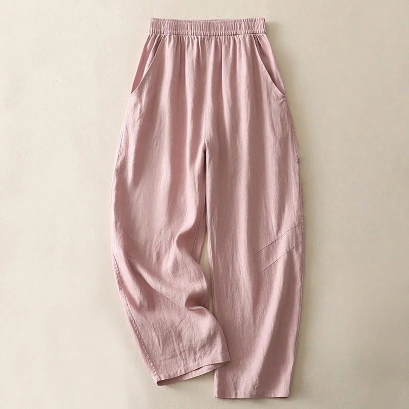 Buddha Stones Summer Daily Solid Color Elastic Waistband Design Women's Wide Leg Cotton Linen Pants With Pockets