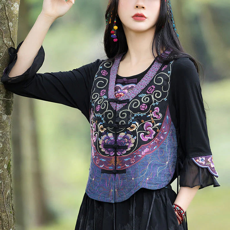 Buddha Stones Vintage Frog-Button Embroidery Purple Flower Tang Suit Design Sleeveless Vest (Extra 30% Off | USE CODE: FS30)