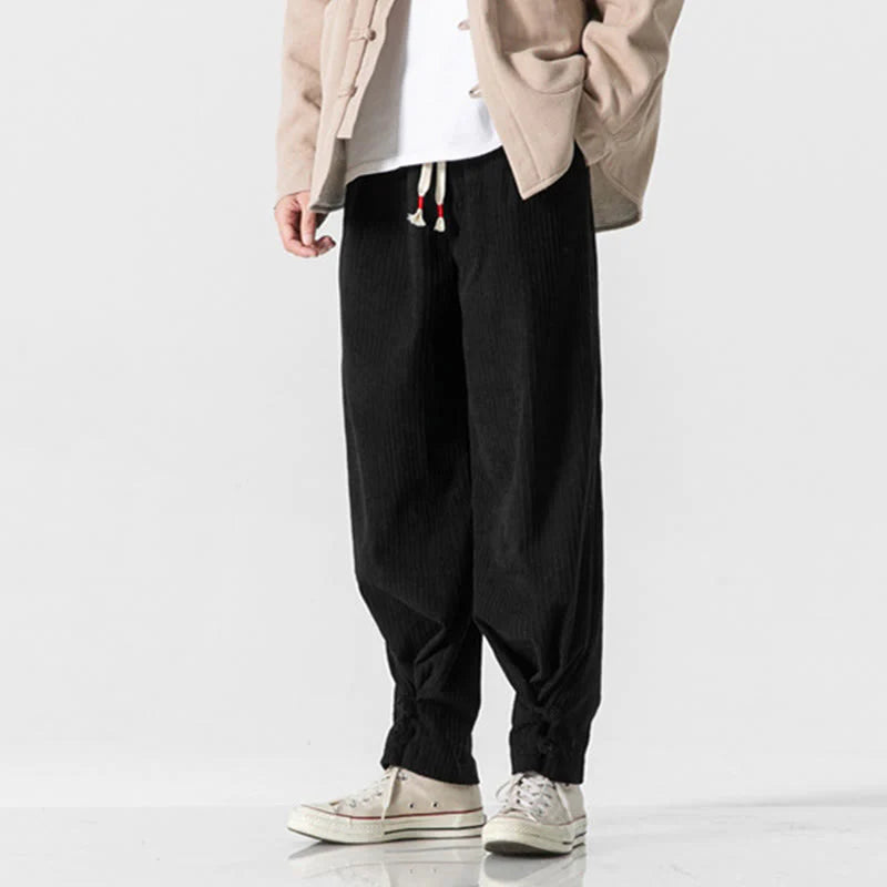 Buddha Stones Fall Winter Men's Pure Color Button Design Cotton Straight Leg Pants With Pockets