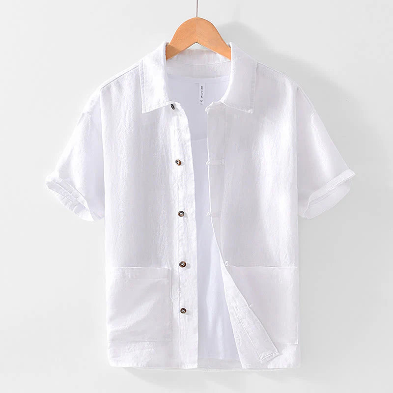 Buddha Stones Solid Color Buttons Men's Short Sleeve Linen Shirt With Pockets