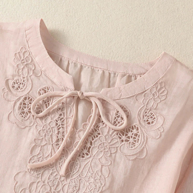 Buddha Stones Summer Embroidery Flower Lace-up Design Notched Collar Women's Short Sleeve Shirt