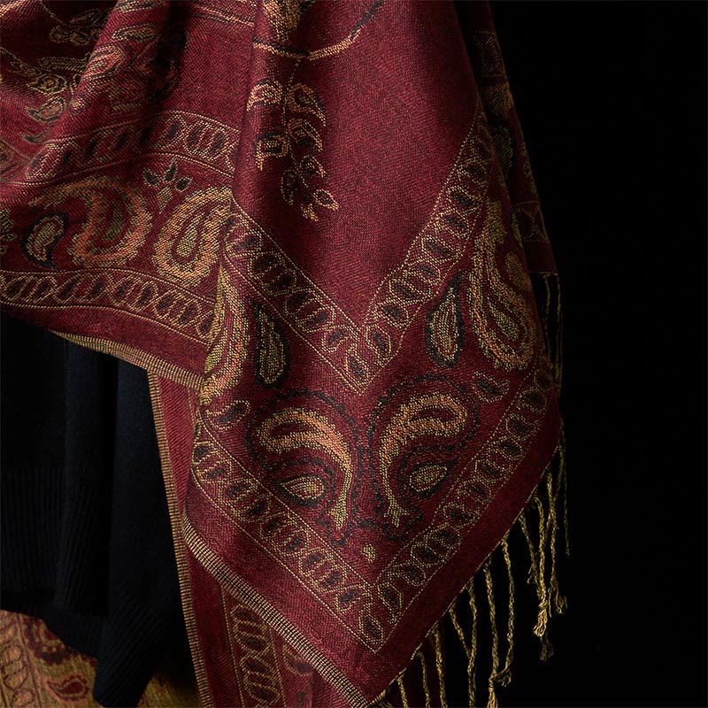 Buddha Stones Spring Maroon Cashew Flower Floral Leaf Pattern Tassel Soft Scarf Shawl