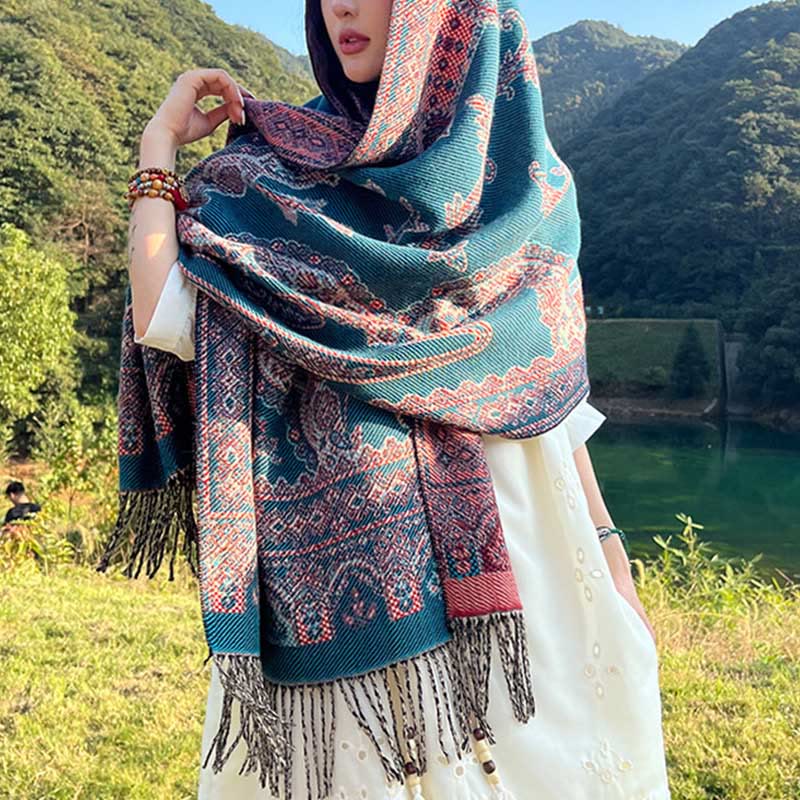 Buddha Stones Jacquard Ethnic Paisley Plants Pattern Tassel Soft Thermal Scarf Shawl