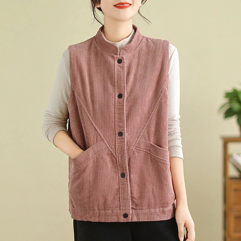 Buddha Stones Plain Sleeveless Women's Cotton Vest Corduroy Waistcoat With Pockets
