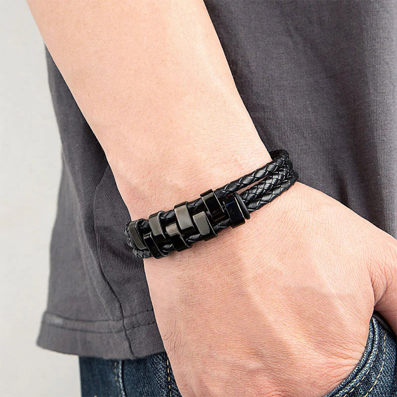 Buddha Stones Geometric Design Titanium Steel Leather Strengthen Bracelet