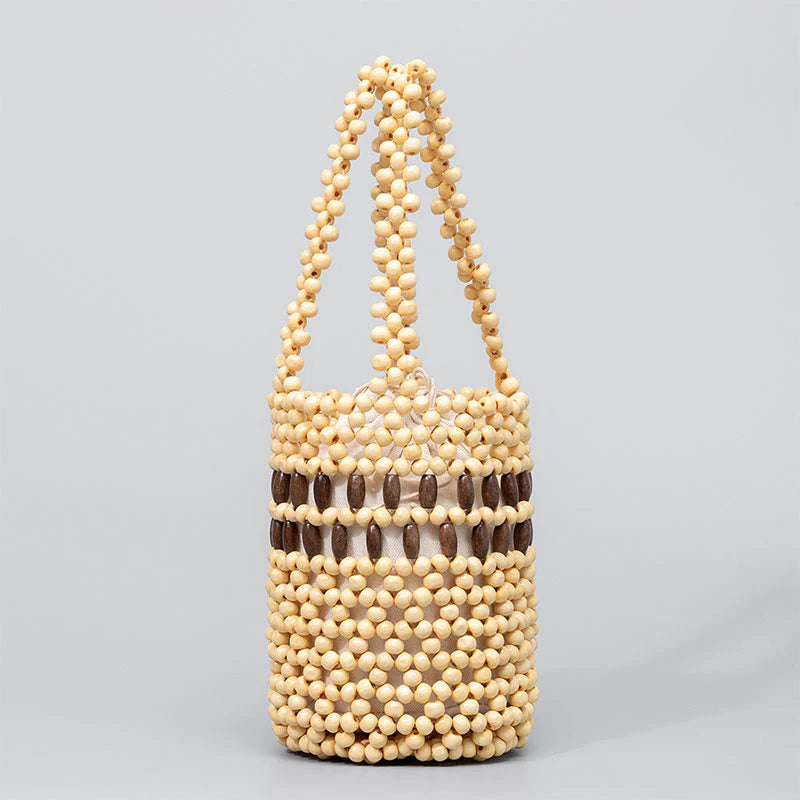 Buddha Stones Hand-woven Bucket Portable Wooden Beads Handbag