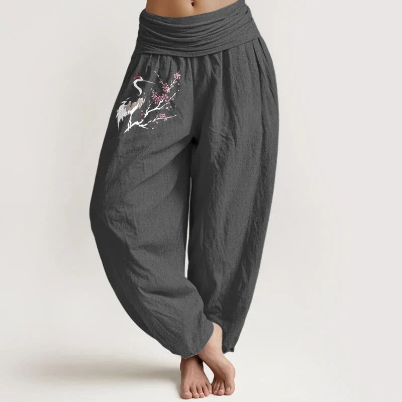 Buddha Stones Crane Blooming Branches Pattern Women's Elastic Waist Harem Pure Cotton Pants