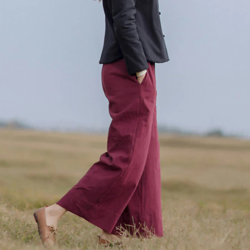 Buddha Stones Casual Plain Loose Women's Ramie Wide Leg Pants With Pockets