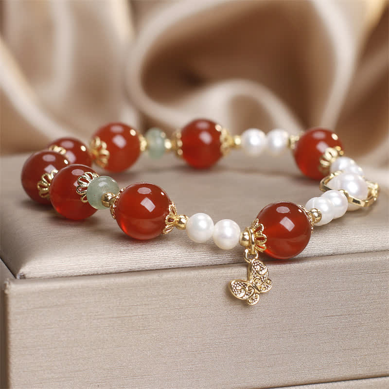 Buddha Stones Natural Red Agate Pearl Butterfly Self-acceptance Bracelet