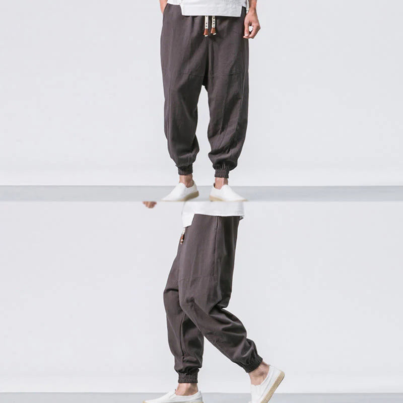 Buddha Stones Men's Plain Simple Drawstring Design Cotton Harem Pants With Pockets