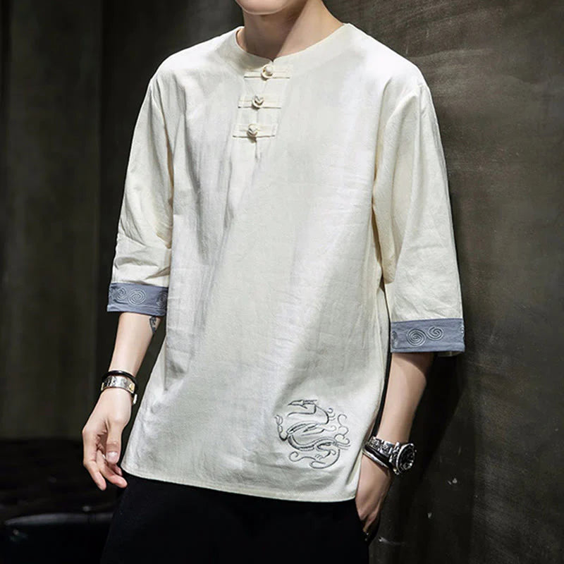 Buddha Stones Frog-Button Dragon Embroidery Chinese Tang Suit Three Quarter Sleeve Shirt Cotton Linen Men Clothing