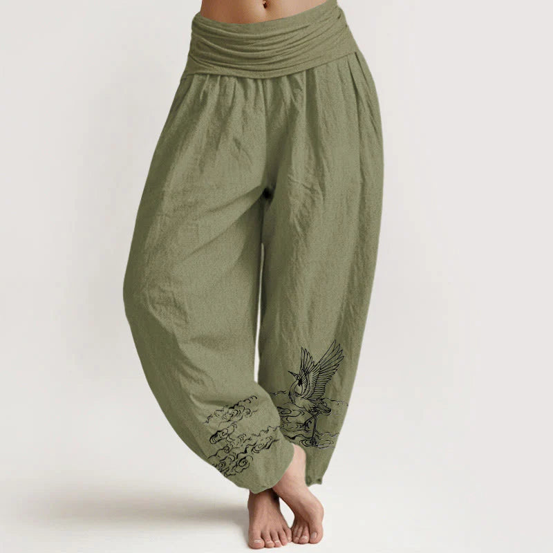 Buddha Stones Crane Flowing Water Pattern Women's Elastic Waist Harem Cotton Pants
