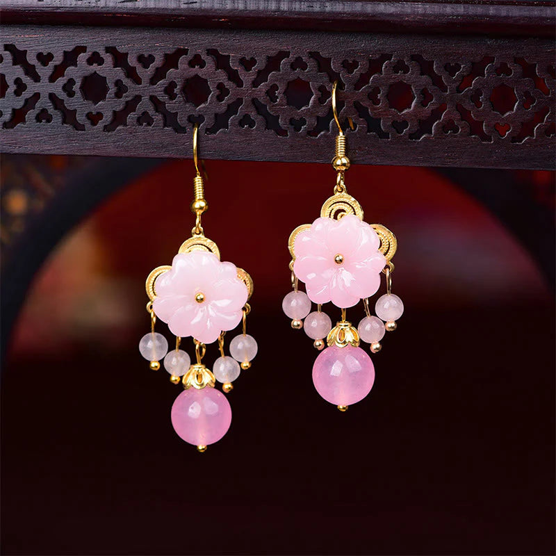 Buddha Stones Green Pink Flower Liuli Glass Drop Earrings