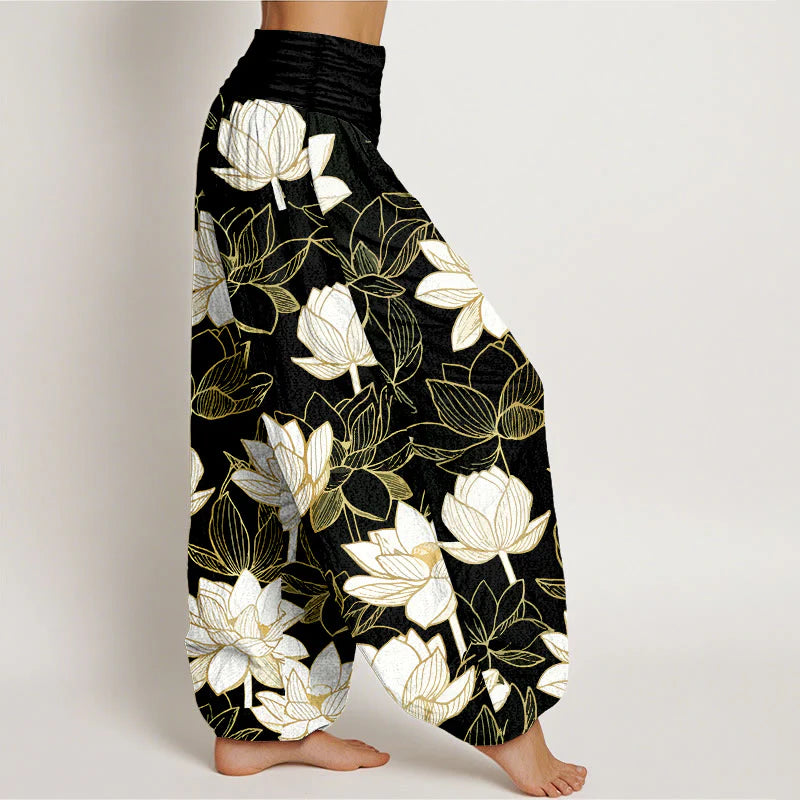 Buddha Stones Cotton Elegant Refined Lotus Flower Pattern Women's Elastic Waist Harem Pants