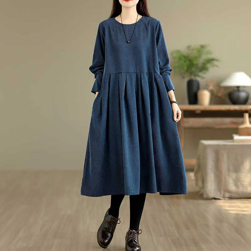 Buddha Stones Fall Plain DarkBlue Long Sleeve Corduroy Midi Dress With Pockets