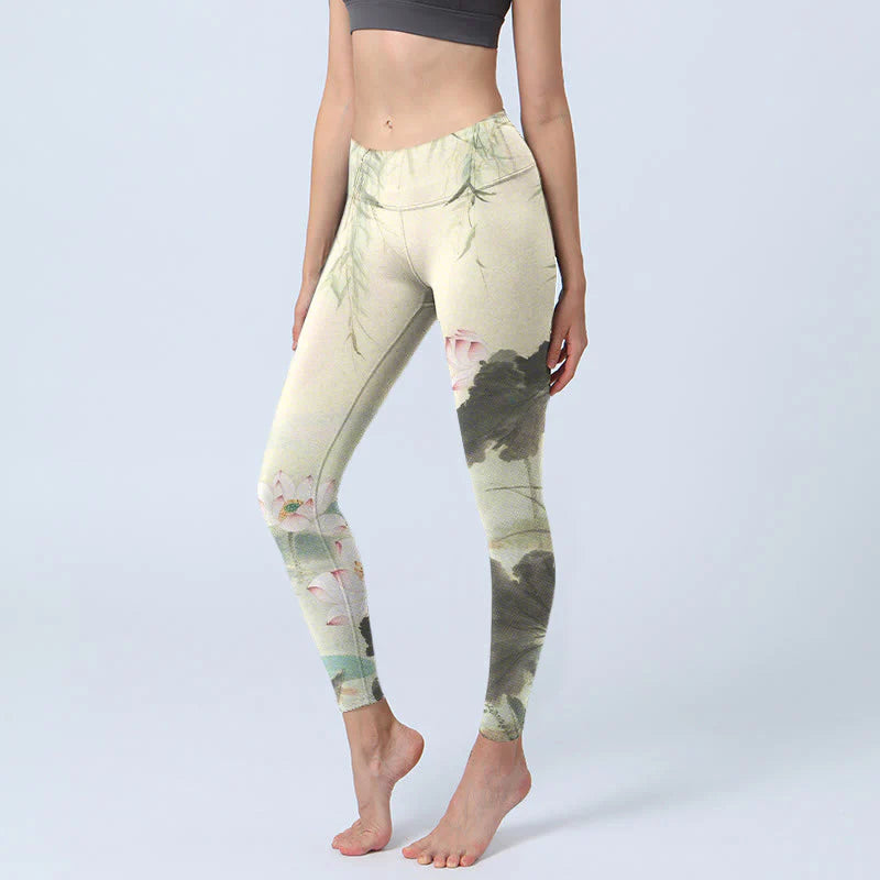 Buddha Stones Willow Leaves Lotus Pond Pattern Print Gym Leggings Women's Yoga Pants
