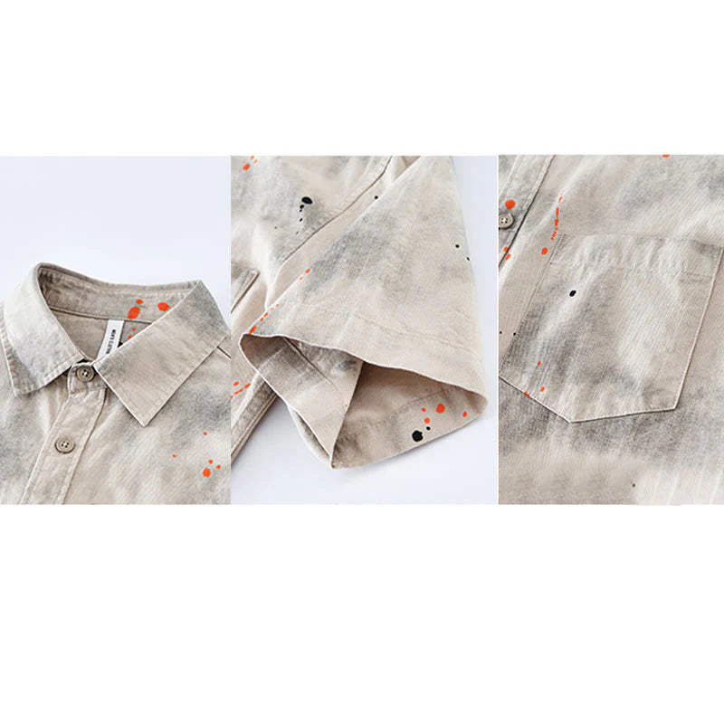 Buddha Stones Summer Ink Splashing Color Men's Button Short Sleeve Cotton Shirt