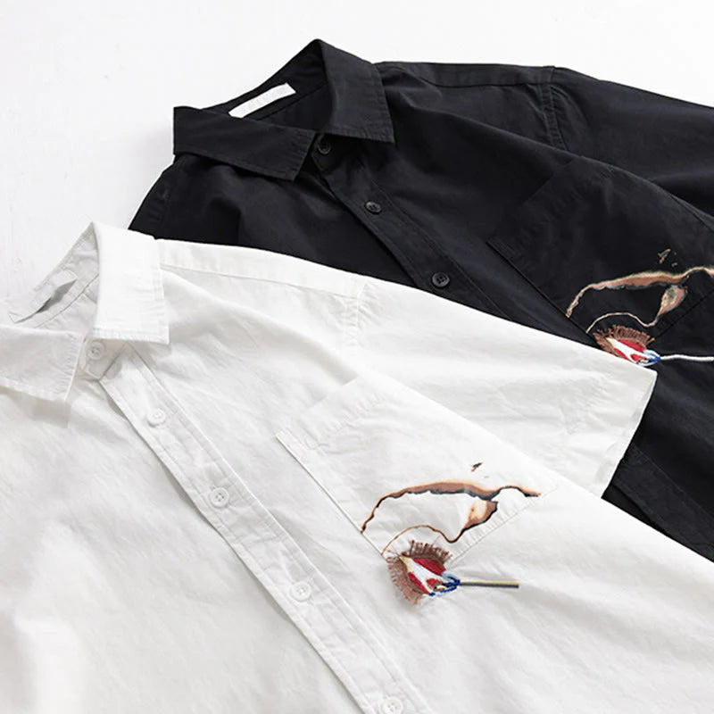 Buddha Stones Summer Buttons Down Bird Embroidery Decorative Pocket Men's Short Sleeve Cotton Shirt
