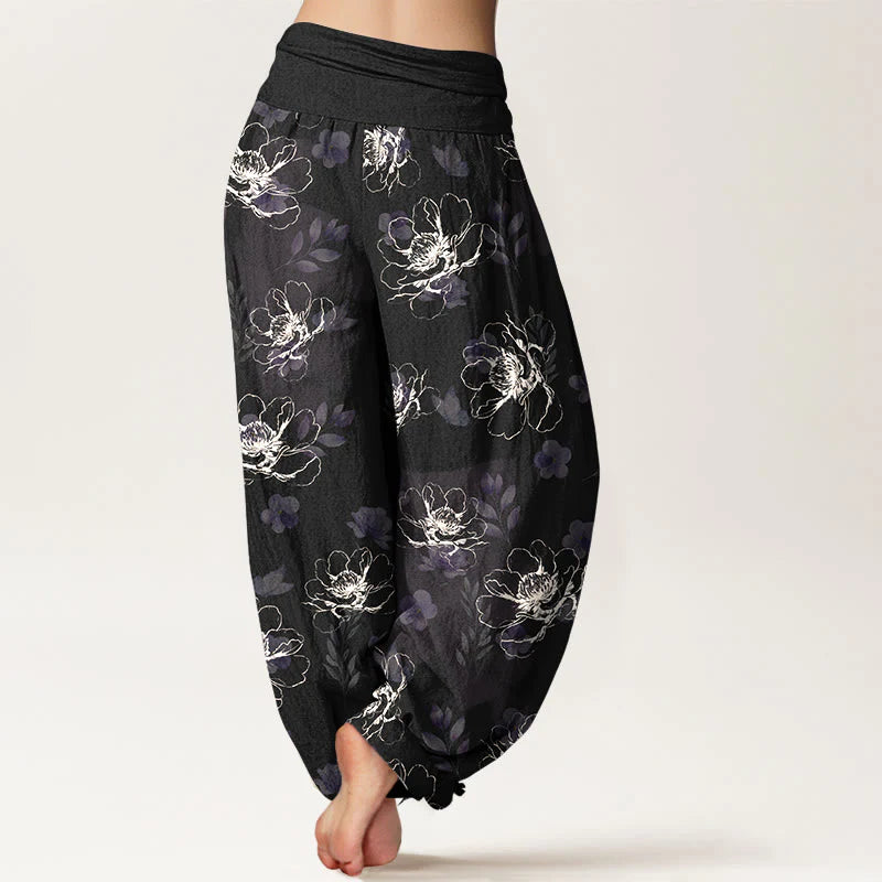 Buddha Stones Cotton Exquisite Retro Flower Pattern Women's Elastic Waist Harem Pants