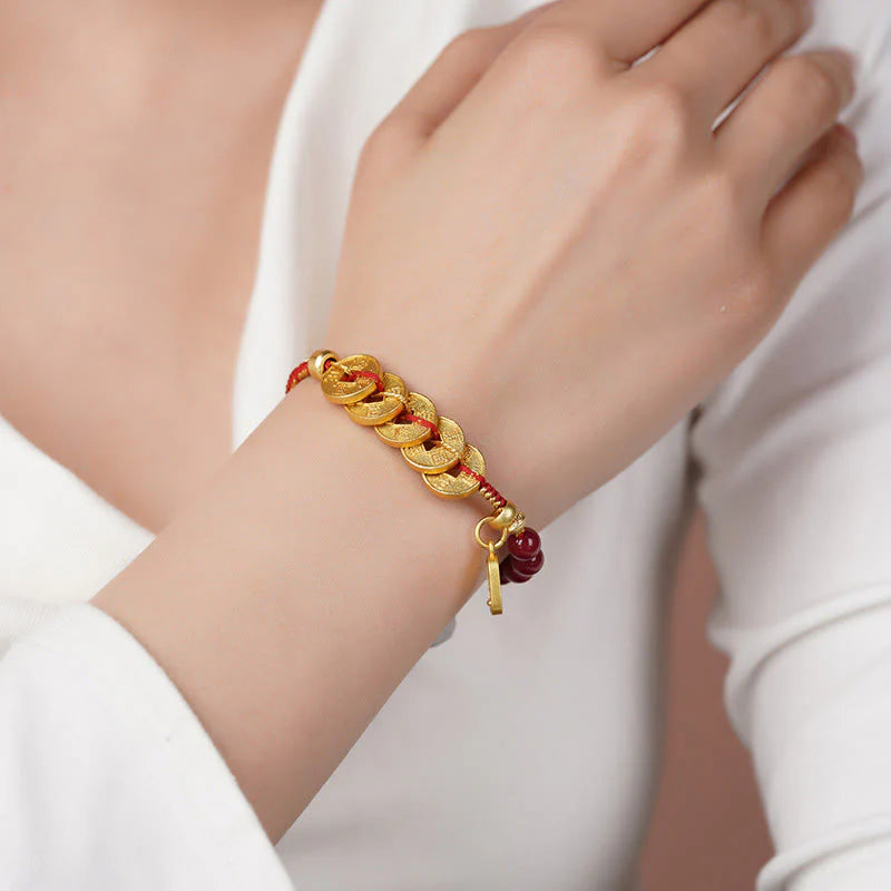 Buddha Stones Five-Emperor Coins Copper Amethyst Cinnabar Black Red String Balance Attract Fortune Bracelet