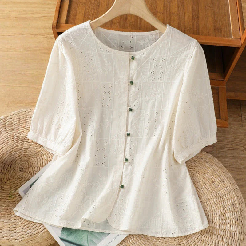 Buddha Stones Casual Embroidery Hollow Cotton Polyester Half Sleeve Women's Crew Neck Shirt