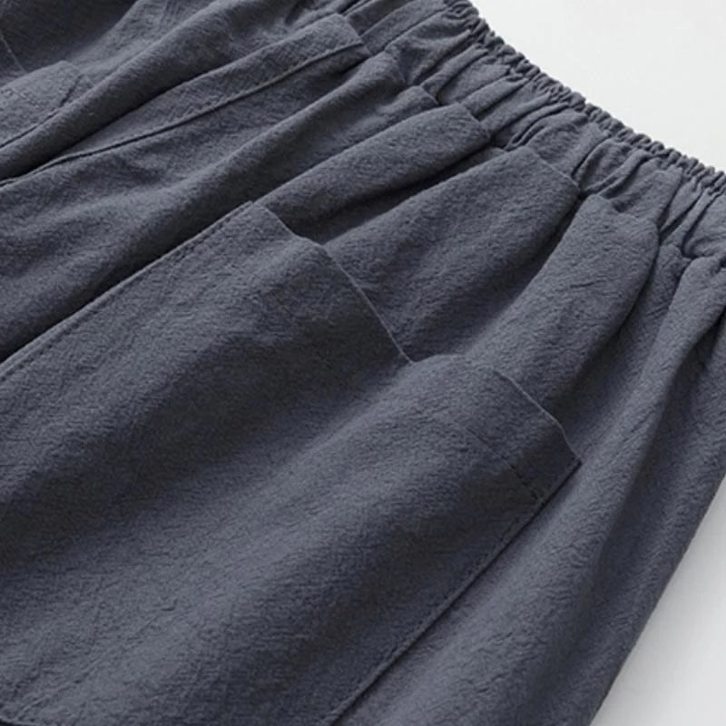Buddha Stones Summer 2Pcs Plain Short Sleeve T-Shirt 7-8 Length Pants Cotton Linen Tang Suit Men's Meditation Cloth Set With Pockets