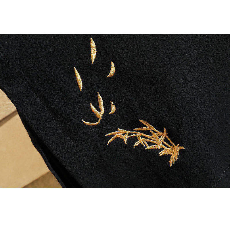 Buddha Stones Tang Suit Embroided Crane Pattern Lace-Up Side Men's Cotton Linen Short Sleeve T-Shirt