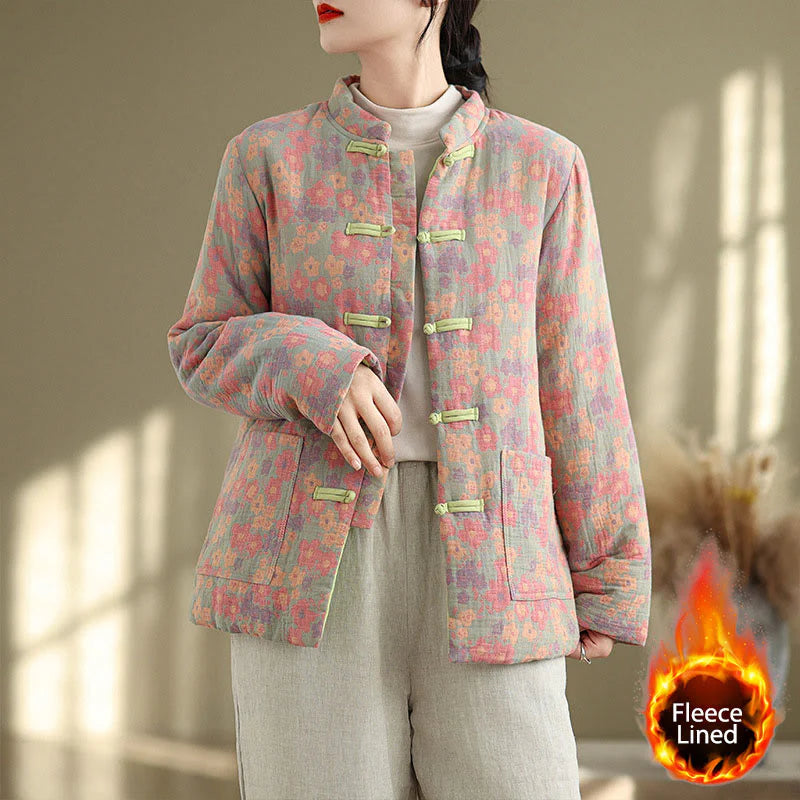 Buddha Stones Women's Winter Thicken Cotton Floral Pattern Long Sleeve Jacket With Pockets