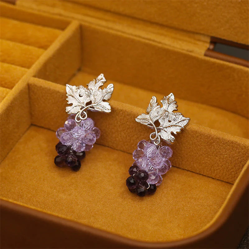 Buddha Stones Purple Grape Leaves Copper Wealth Stud Earrings