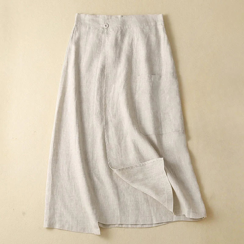 Buddha Stones Vintage Summer Asymmetrical High Waist Women's Cotton Linen Skirt With Pockets