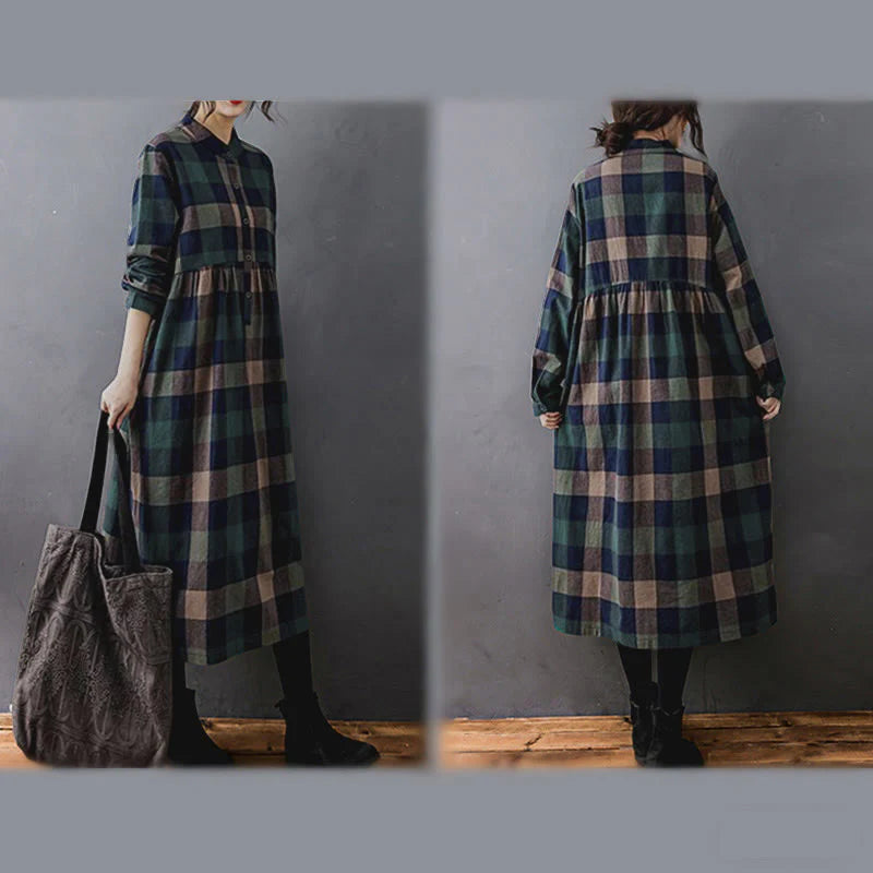 Buddha Stones Commute Patchwork Color Plaid Long Sleeve Cotton Midi Dress