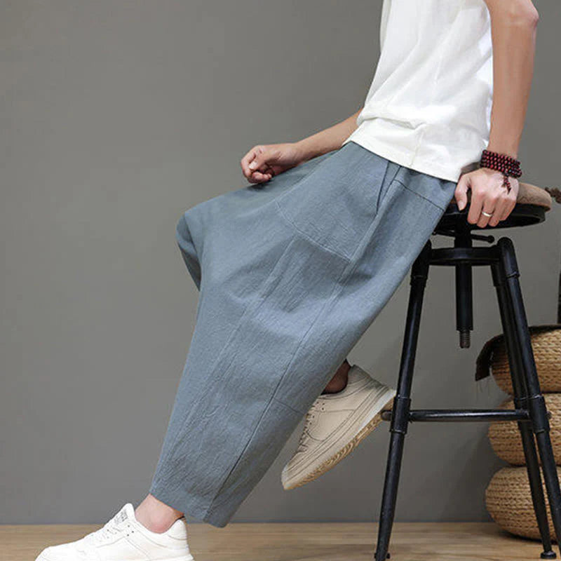 Buddha Stones Casual Plain Low Crotch Design Drawstring Men's Cotton Elastic Waistband Wide Leg Pants With Pockets