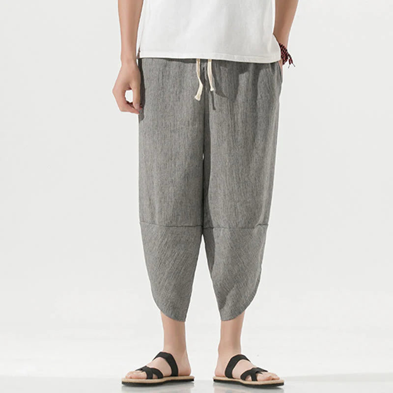 Buddha Stones Plain Simple Design Drawstring 7-8 Length Linen Men's Harem Pants With Pockets